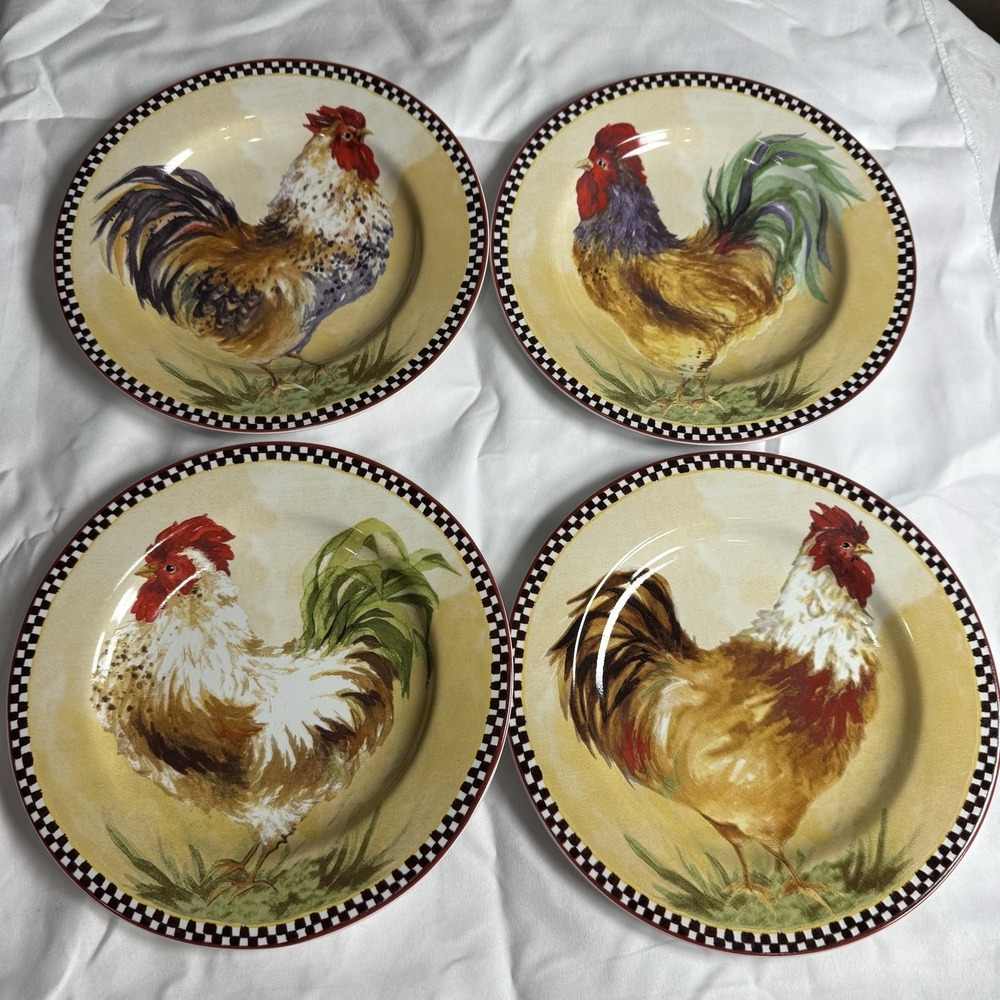 Sakura Chanticleer‎ Salad Plates Set of 4 Rooster Chicken 8 1/8" Stoneware VTG